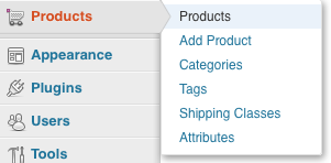 WooCommerce products menu in WordPress